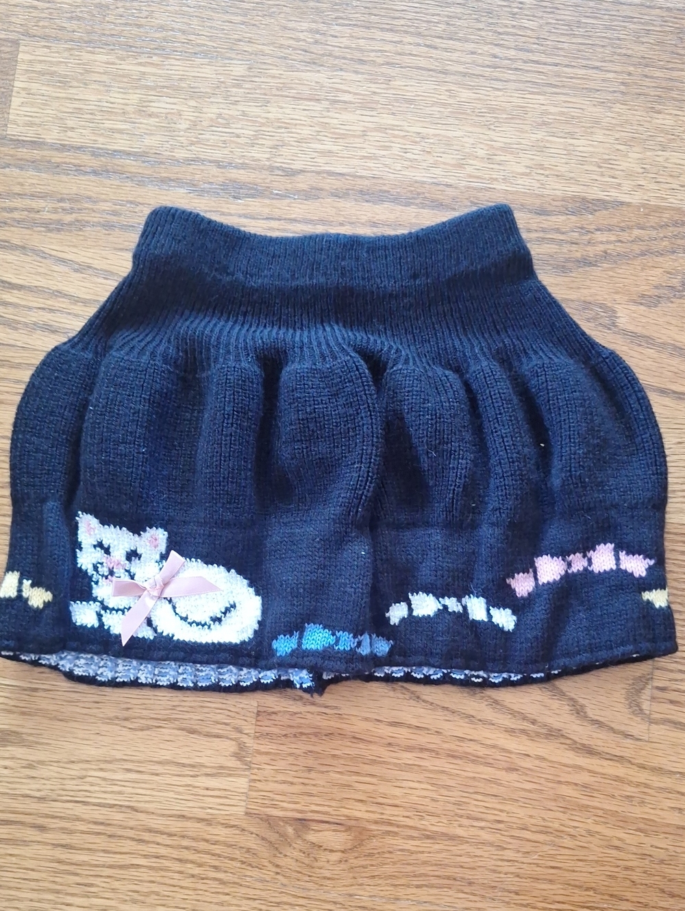 Vintage Jetset 80s 90s Black Knit Cat-Embroidered Skirt 3T